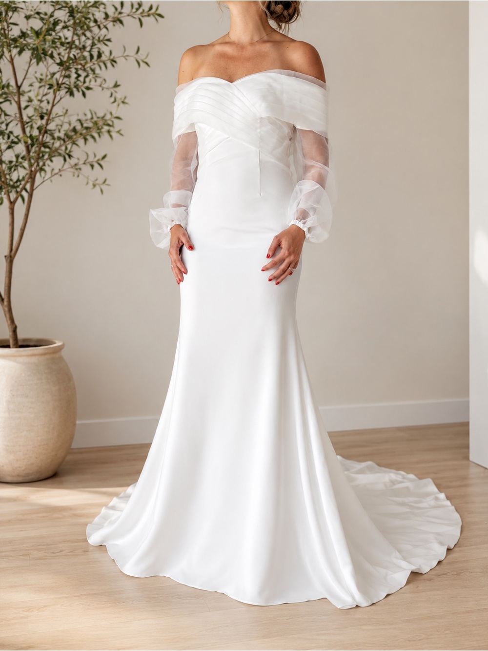 Elegant Off-Shoulder White Bridal Gown with Sheer Sleeves